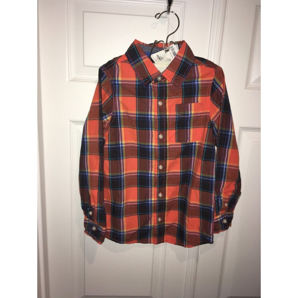 NEW OshKosh Boys Orange Blue Plaid Button Down - Size 8 - Boys Shirt